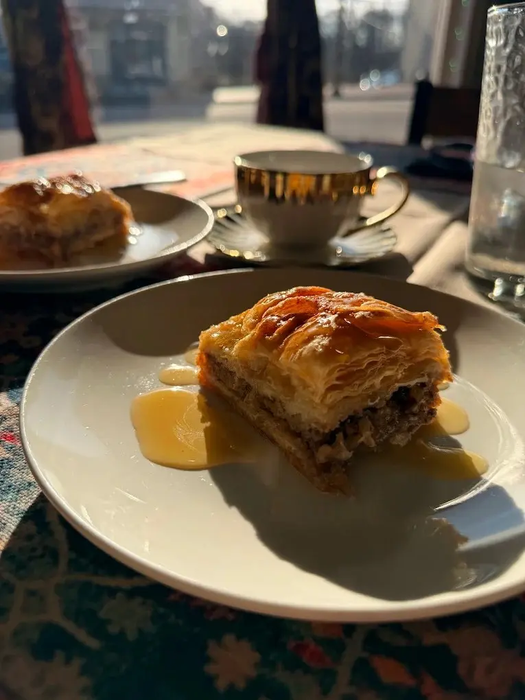 Homemade baklava with local honey and a glass of Turkish tea